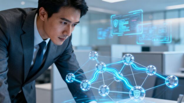 Cyber audit concept with digital network and professional.