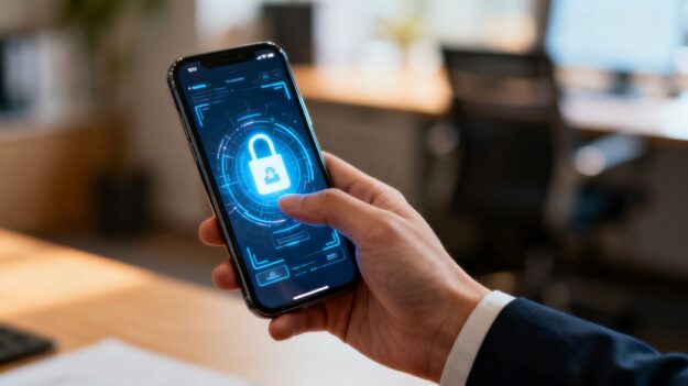 Person using a smartphone for multi-factor authentication.