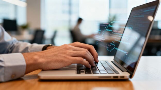 Hands typing on a laptop keyboard, digital code on screen.