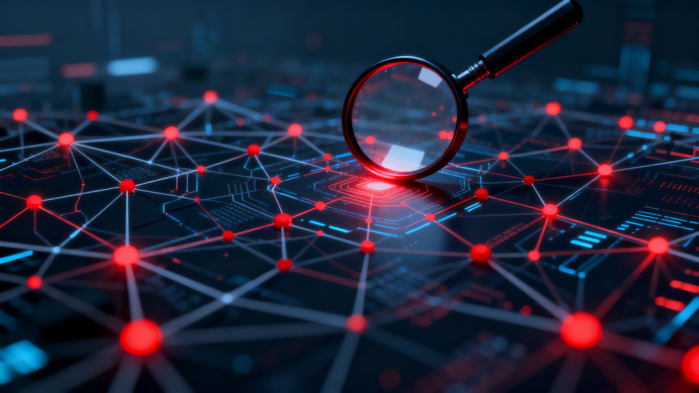 Digital network with glowing red vulnerability points.