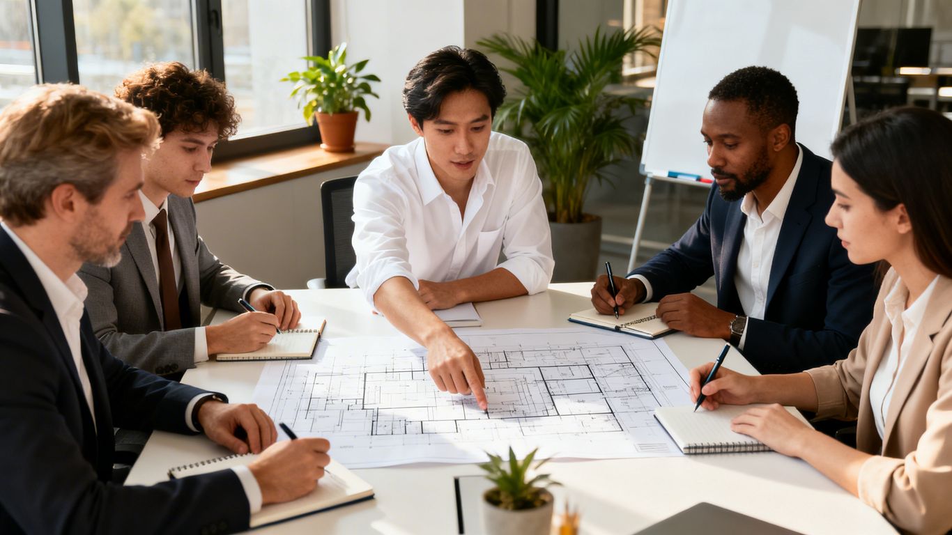 Team working on a project plan.