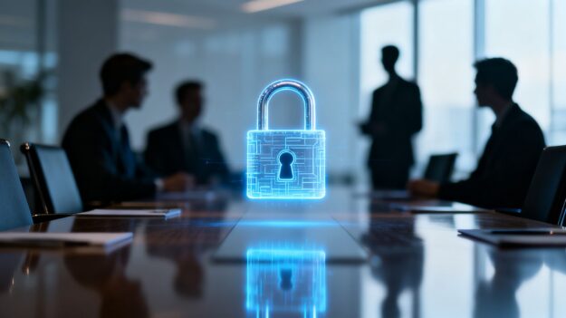 Boardroom with a digital padlock above the table.