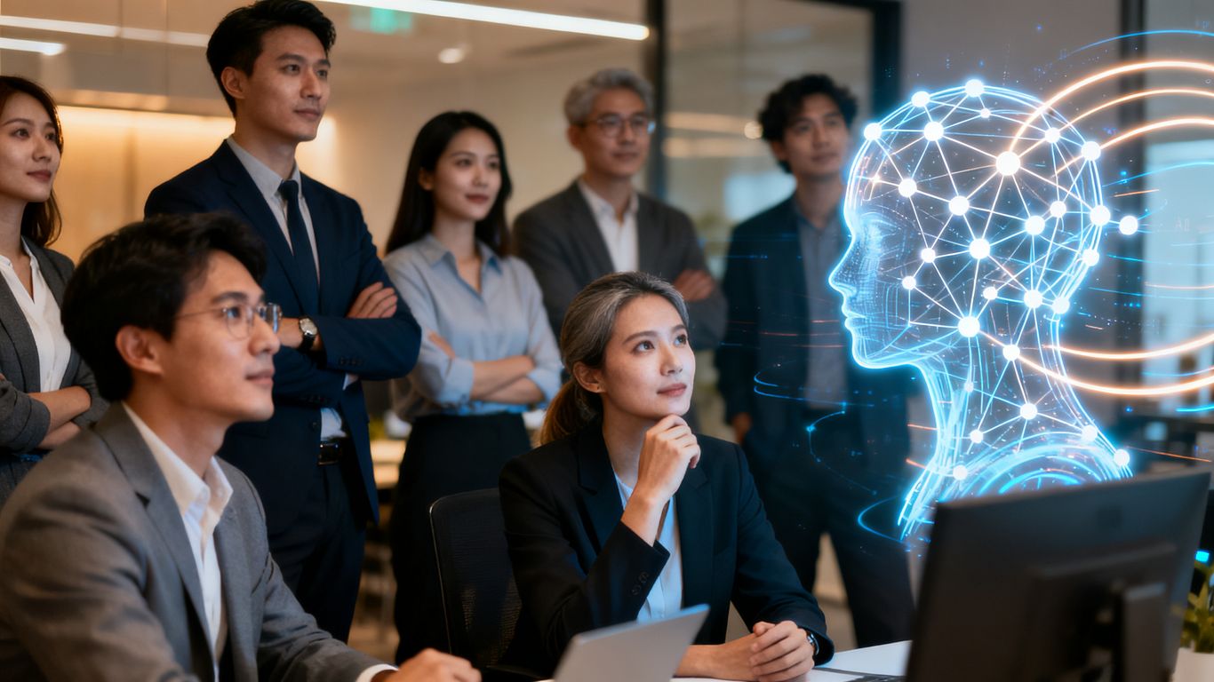 Business leaders observing an abstract AI visualization.