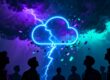 Digital storm hitting a cloud icon.