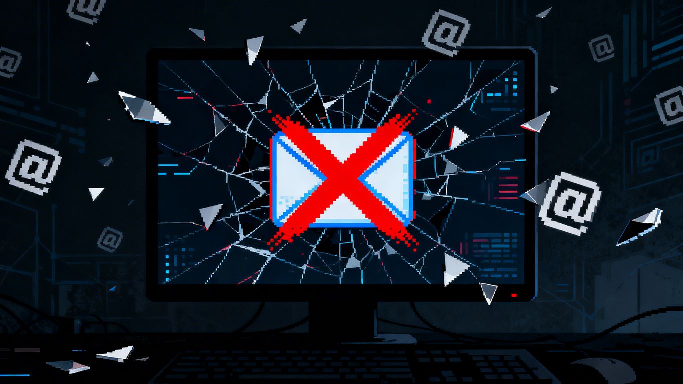 Broken email icon on a cracked computer screen.