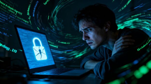 Cracked padlock on a laptop screen.