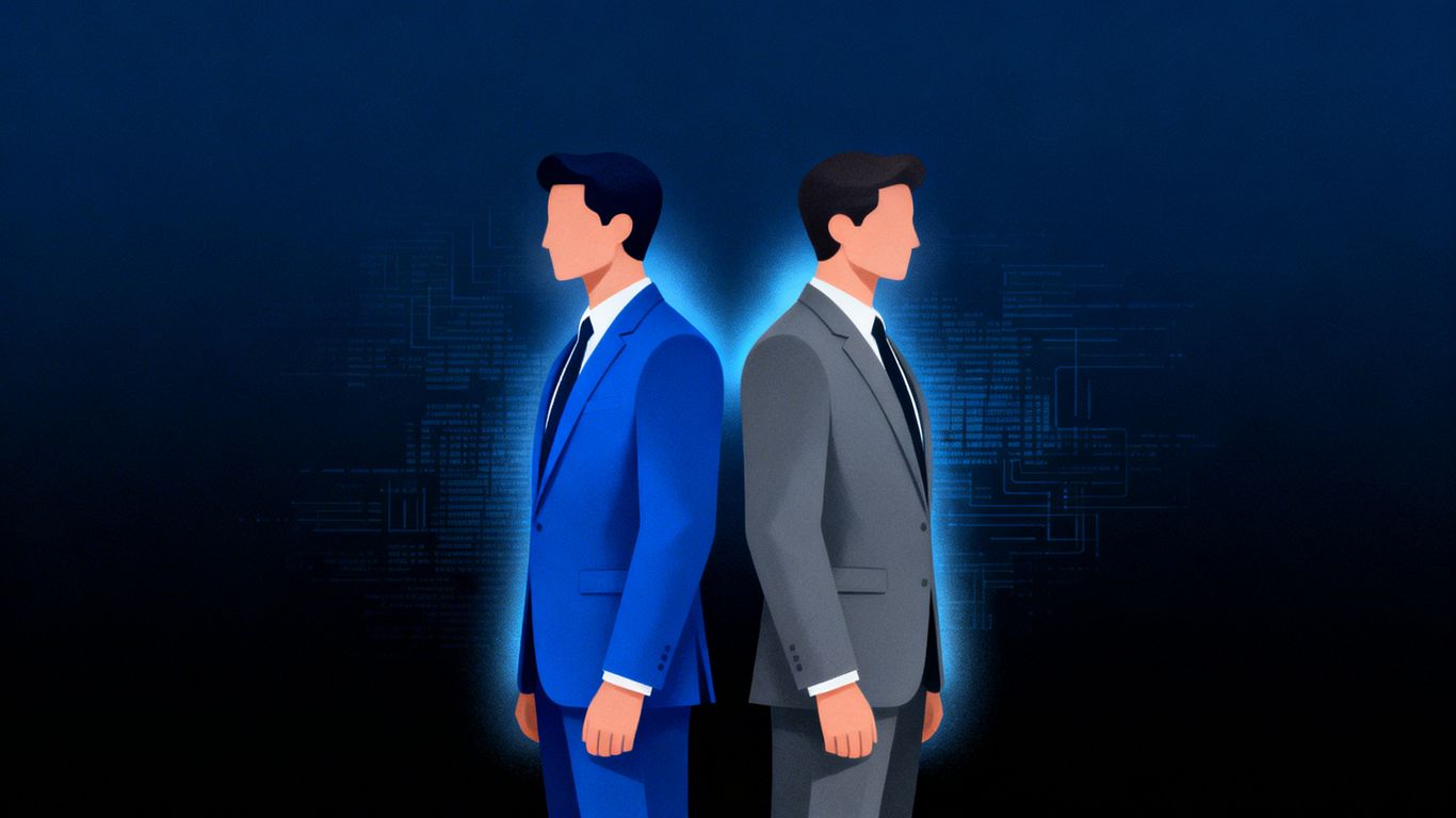 Two figures in suits, one blue, one grey, back-to-back.
