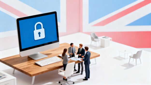 UK office with computer and cyber security padlock