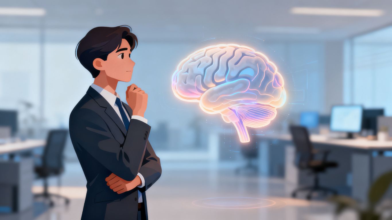 Person considering an AI brain, office background.