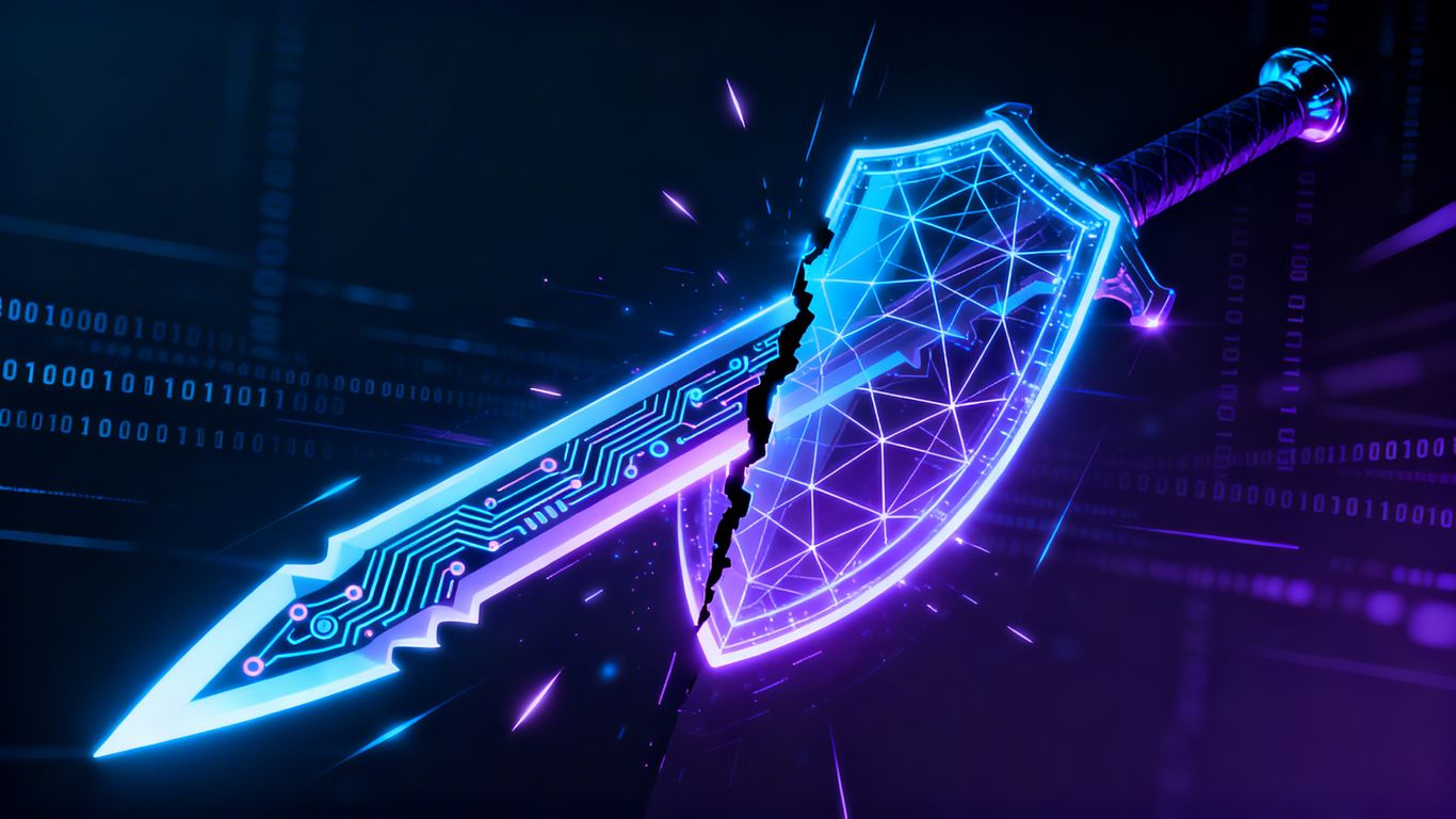 Digital sword splitting, one side menacing, one side protective.