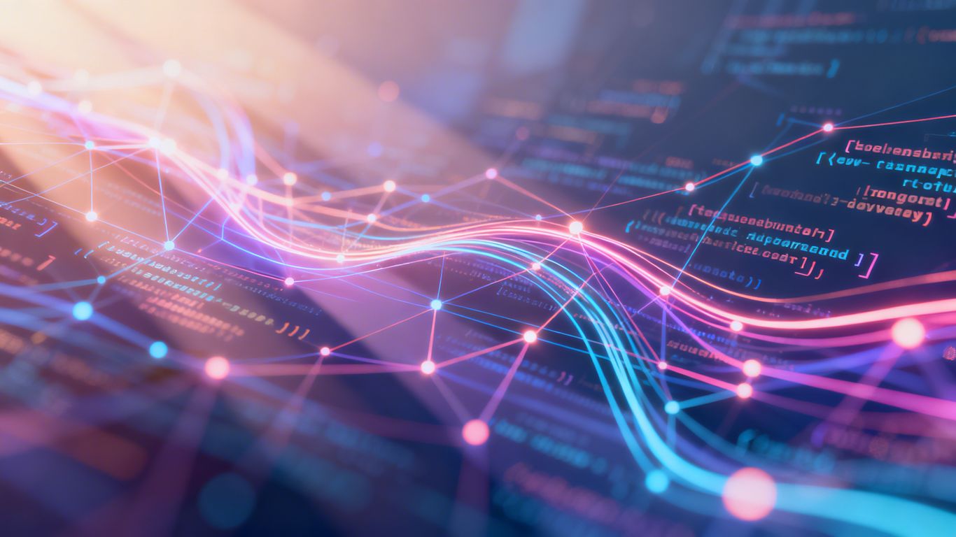 Abstract digital landscape of glowing code.