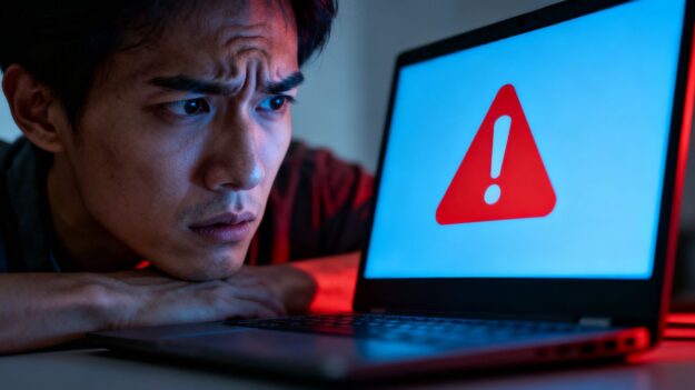Person worried about hacked Office 365 account on laptop.