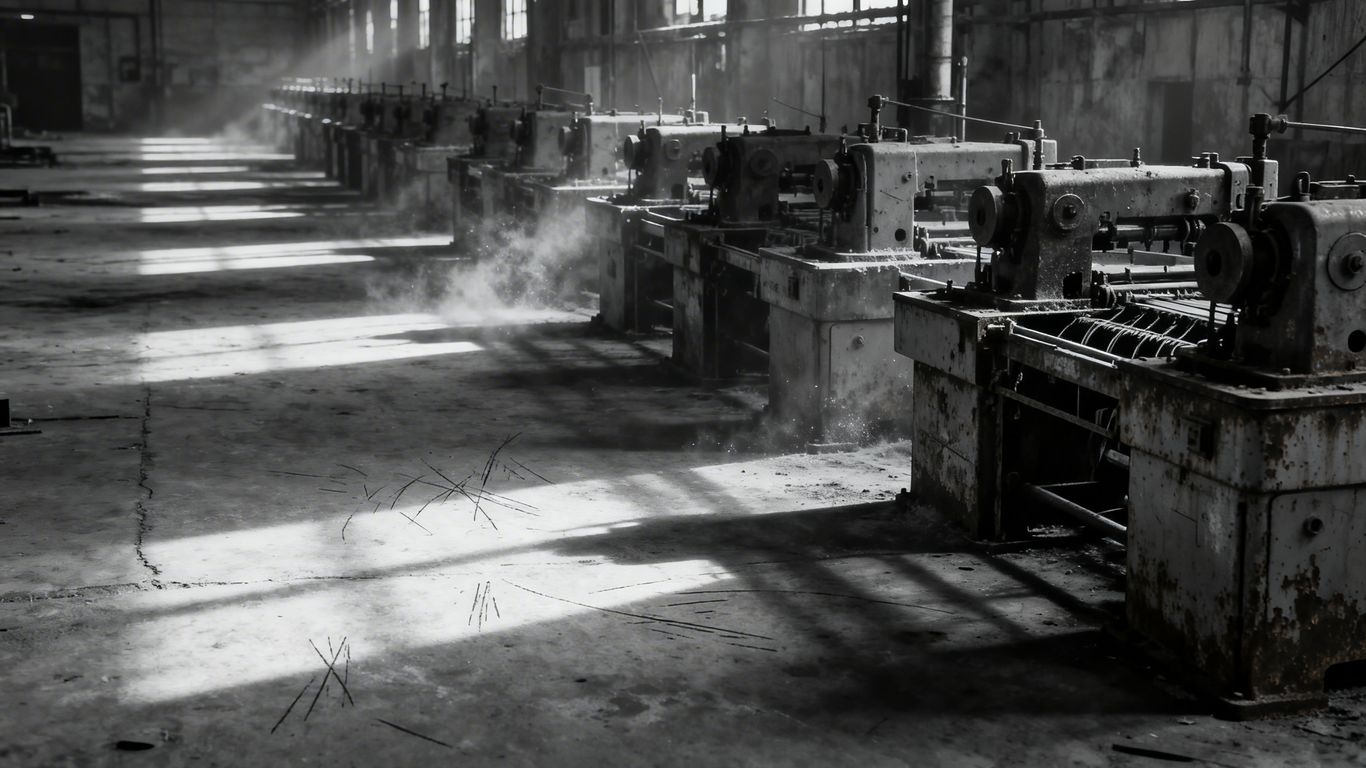 Empty memory chip factory floor with dormant machinery.