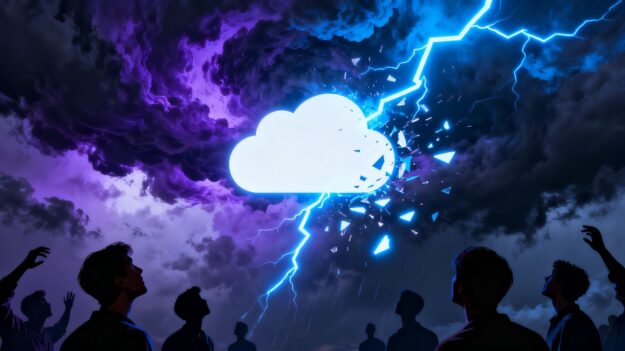Digital storm hitting a cloud icon.