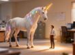 Unicorn in office, small business owner looks relieved.