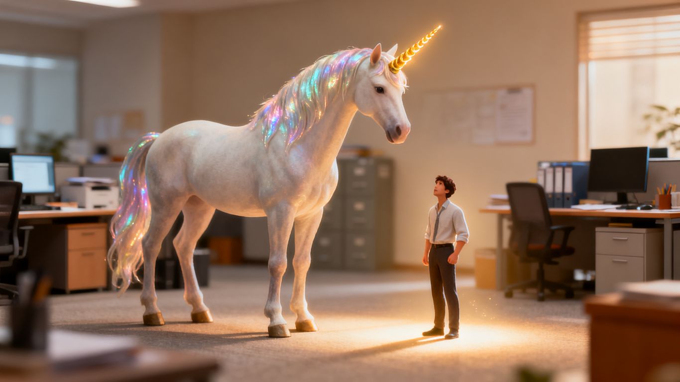 Unicorn in office, small business owner looks relieved.