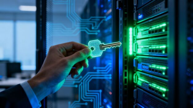 Hand holding digital key near server rack.