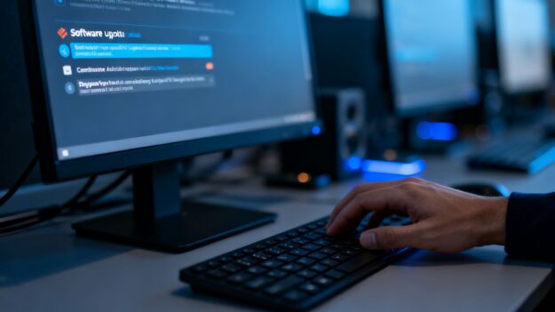 Computer showing security update alert in an office