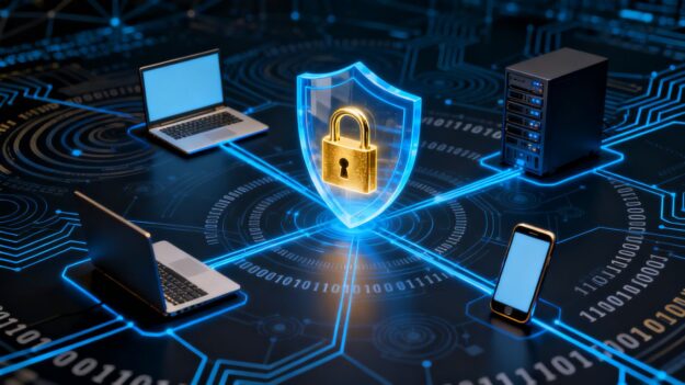 Digital shield protecting interconnected computer systems with a lock icon.