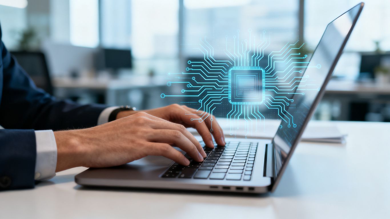 Hands typing on a laptop keyboard with digital patterns.