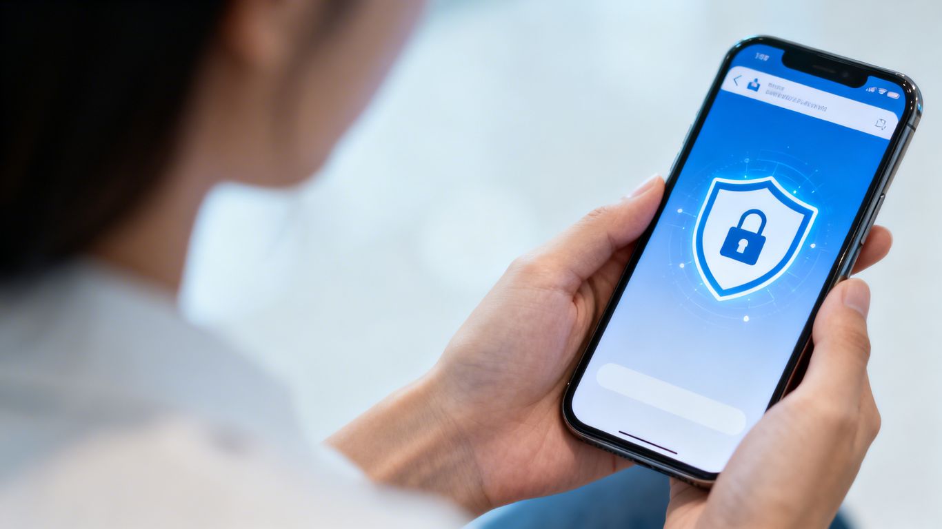 Smartphone displaying app-based authentication with a digital shield.
