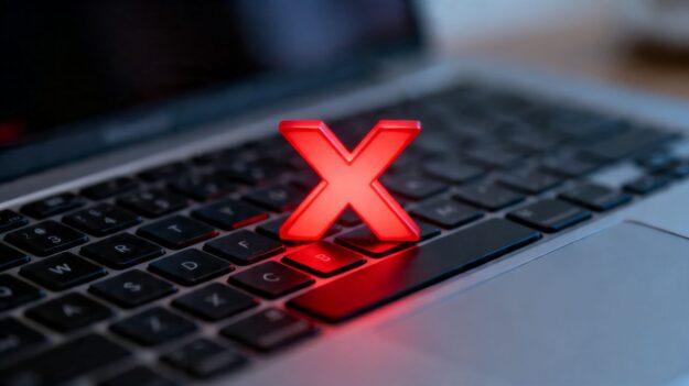 Laptop keyboard with a red cross symbol over it.