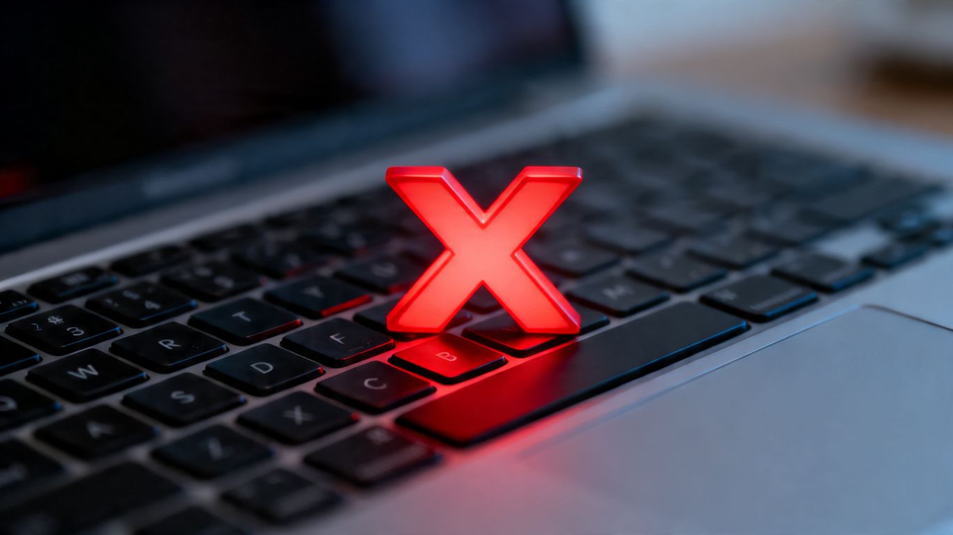 Laptop keyboard with a red cross symbol over it.