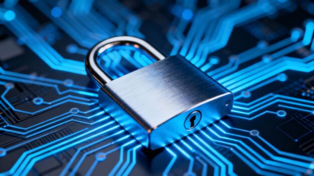 Digital padlock protecting glowing circuit board lines.