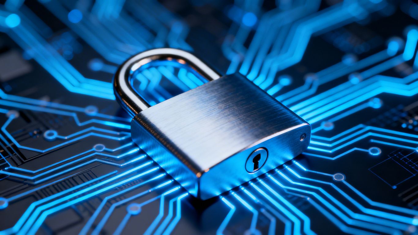 Digital padlock protecting glowing circuit board lines.