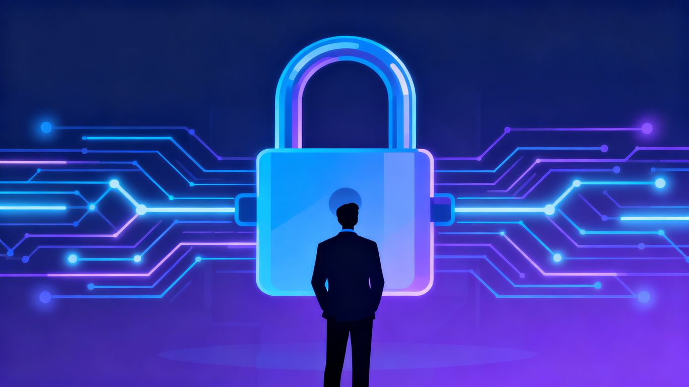 Padlock securing a digital business network.