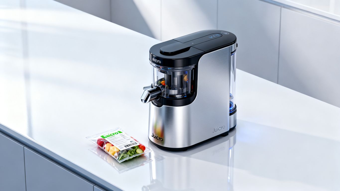 Juicero machine with fruit and vegetable packet.