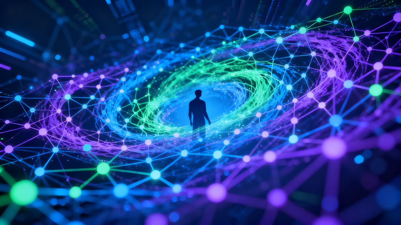 Abstract AI neural network with human silhouette.