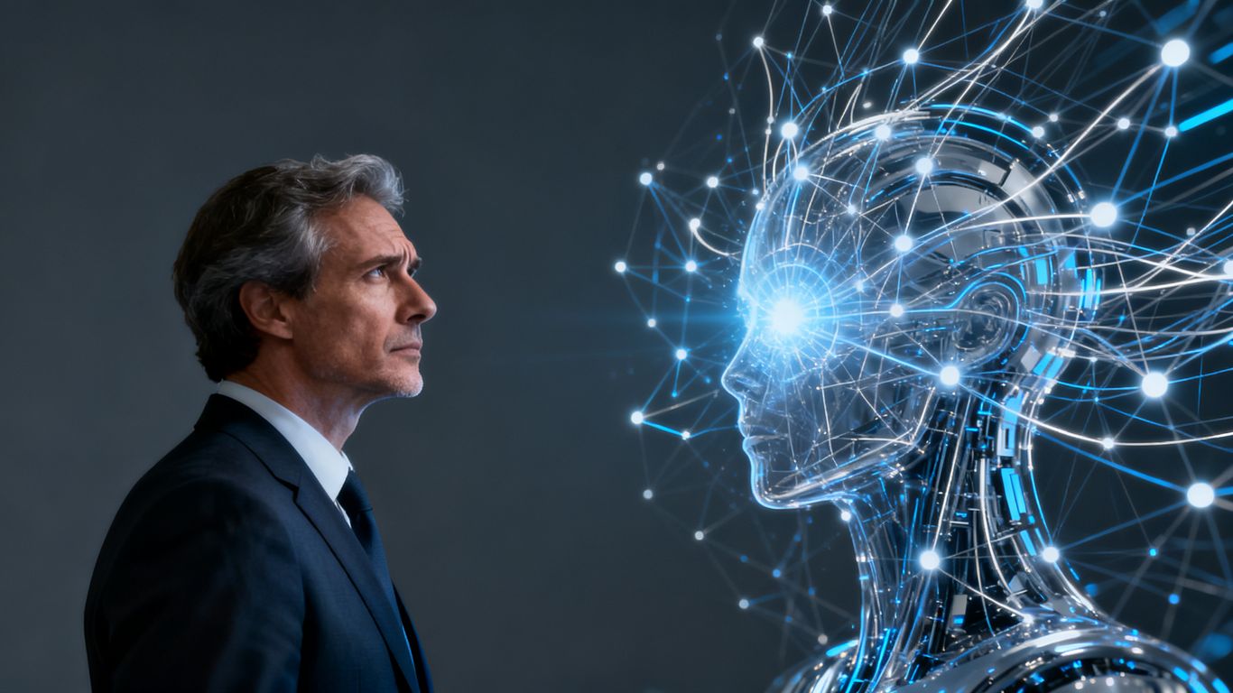 Business leader contemplating a complex AI network.