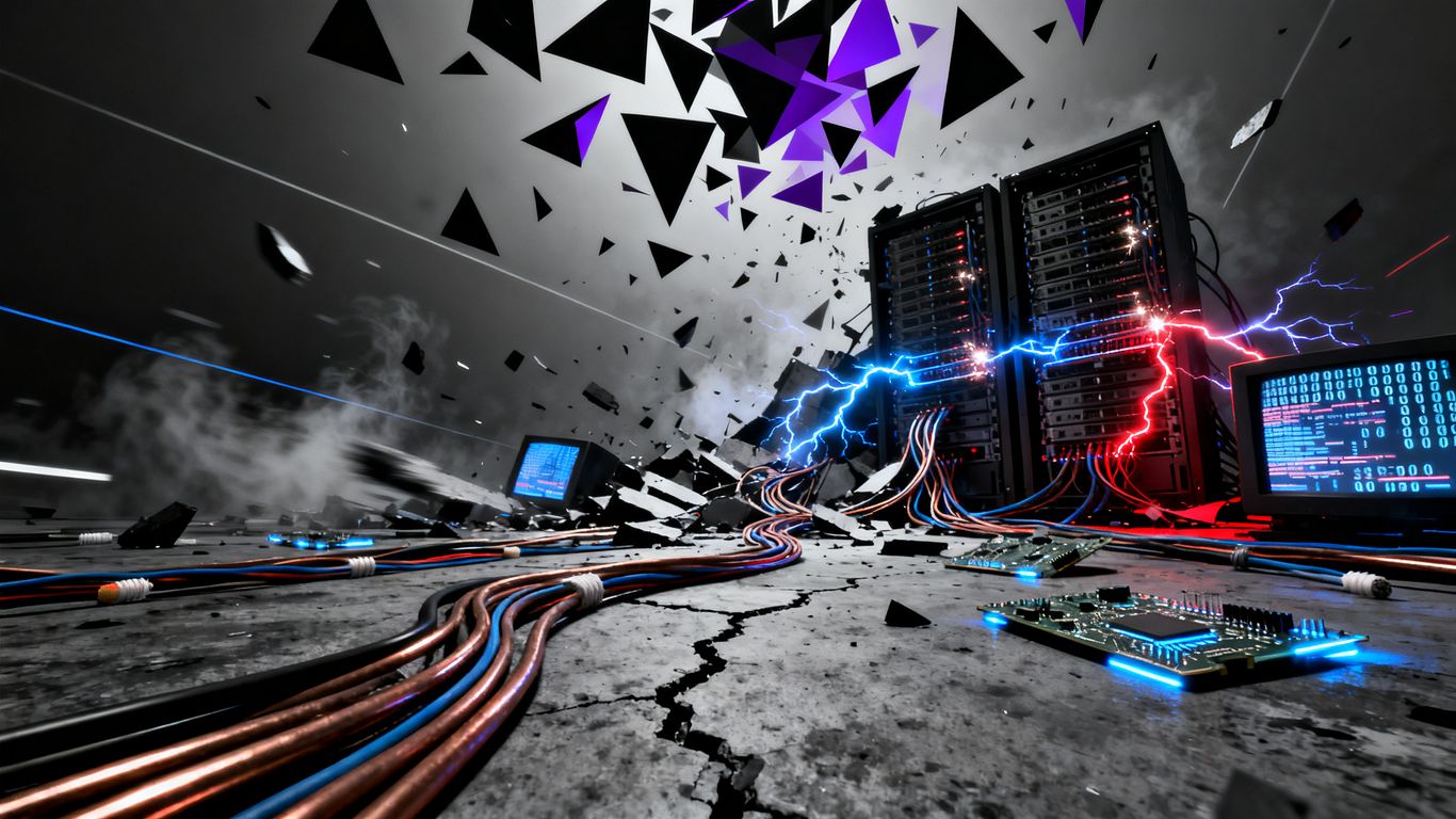 Chaotic digital landscape with sparking servers and tangled wires.