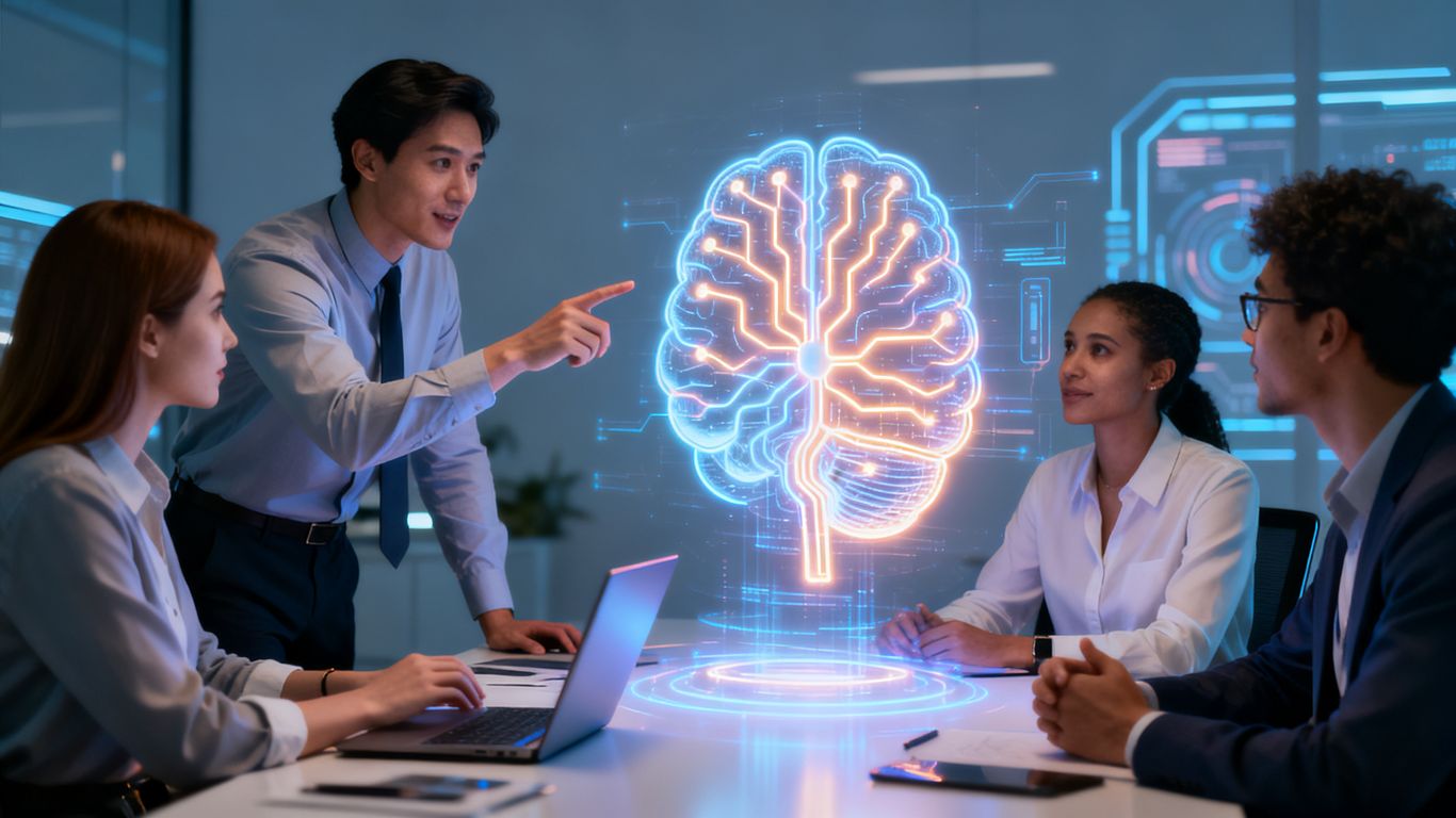 Team discussing AI integration with holographic brain projection.