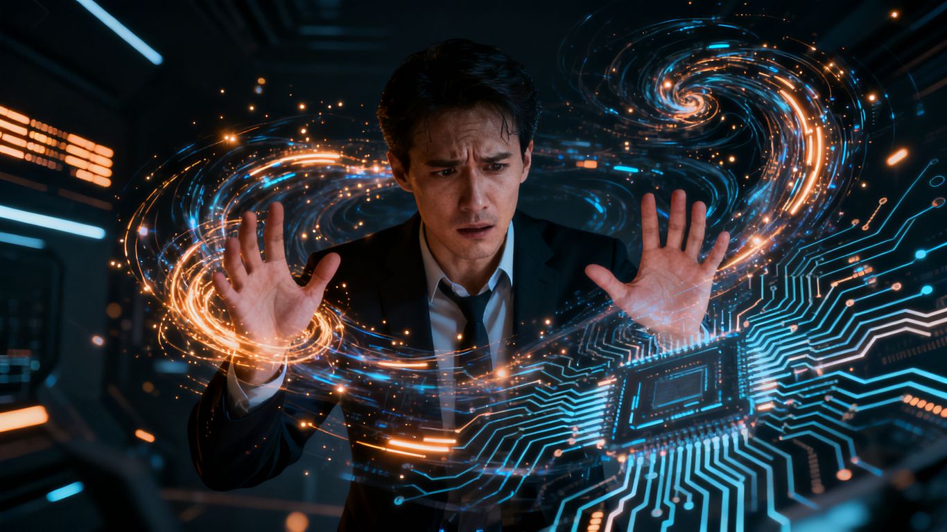 Business leader overwhelmed by AI, trying to maintain control.