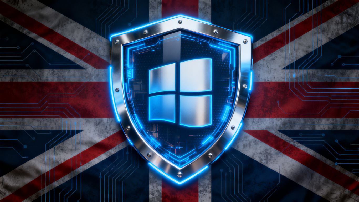 UK flag with a digital security shield.