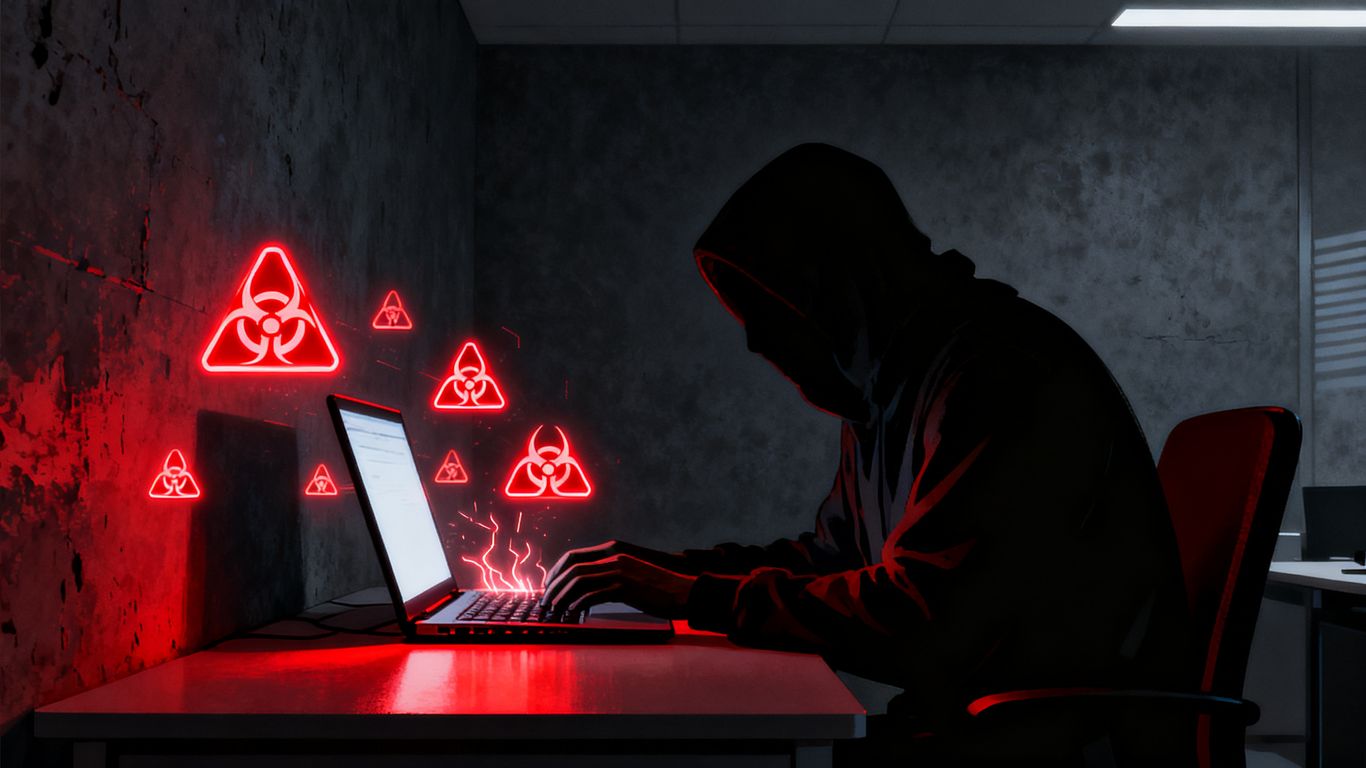 Business risks highlighted by glowing red hazard symbols.
