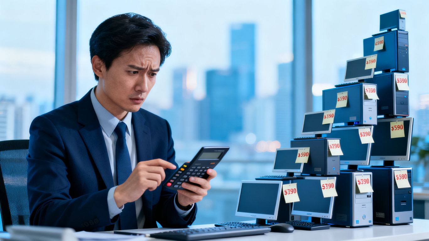 Computers with rising price tags, a worried business person.
