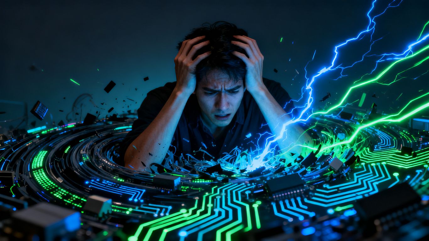 Person overwhelmed by chaotic digital technology.