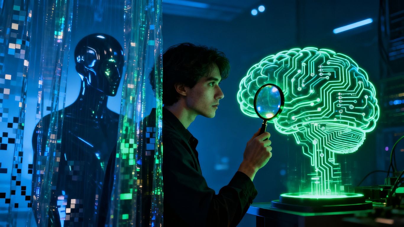 Magnifying glass inspecting a digital brain, revealing a fake guru.
