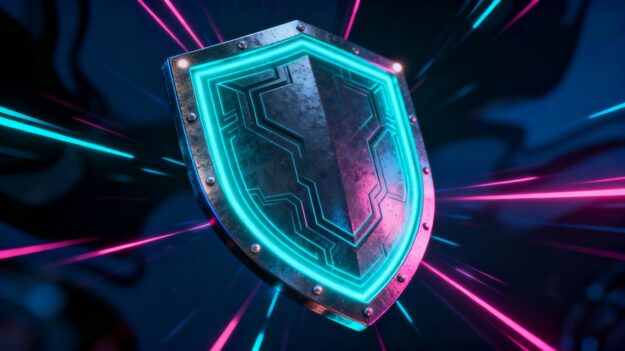 Digital shield graphic, cyber security concept.