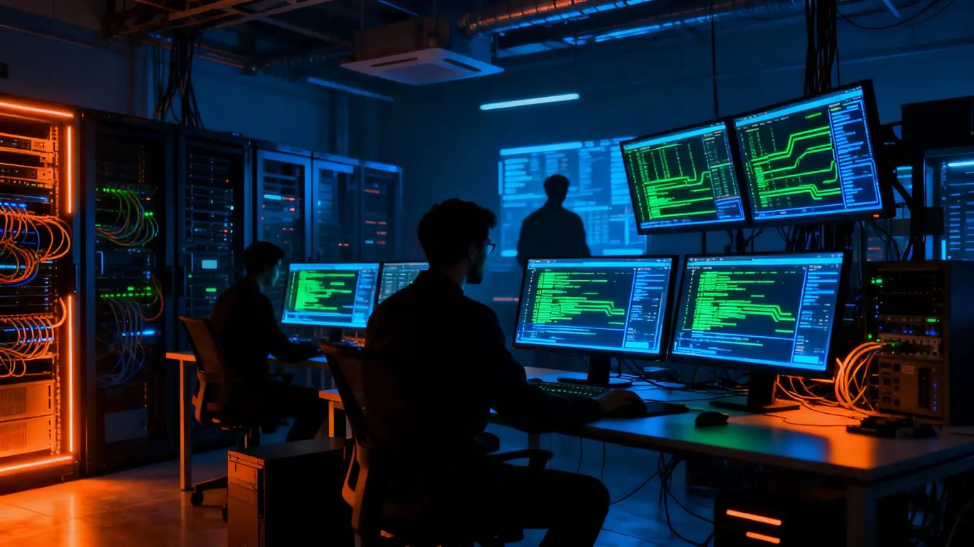 Security operations centre with glowing monitors and server racks.