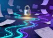 Digital maze with padlock, data security, compliance.