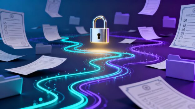 Digital maze with padlock, data security, compliance.
