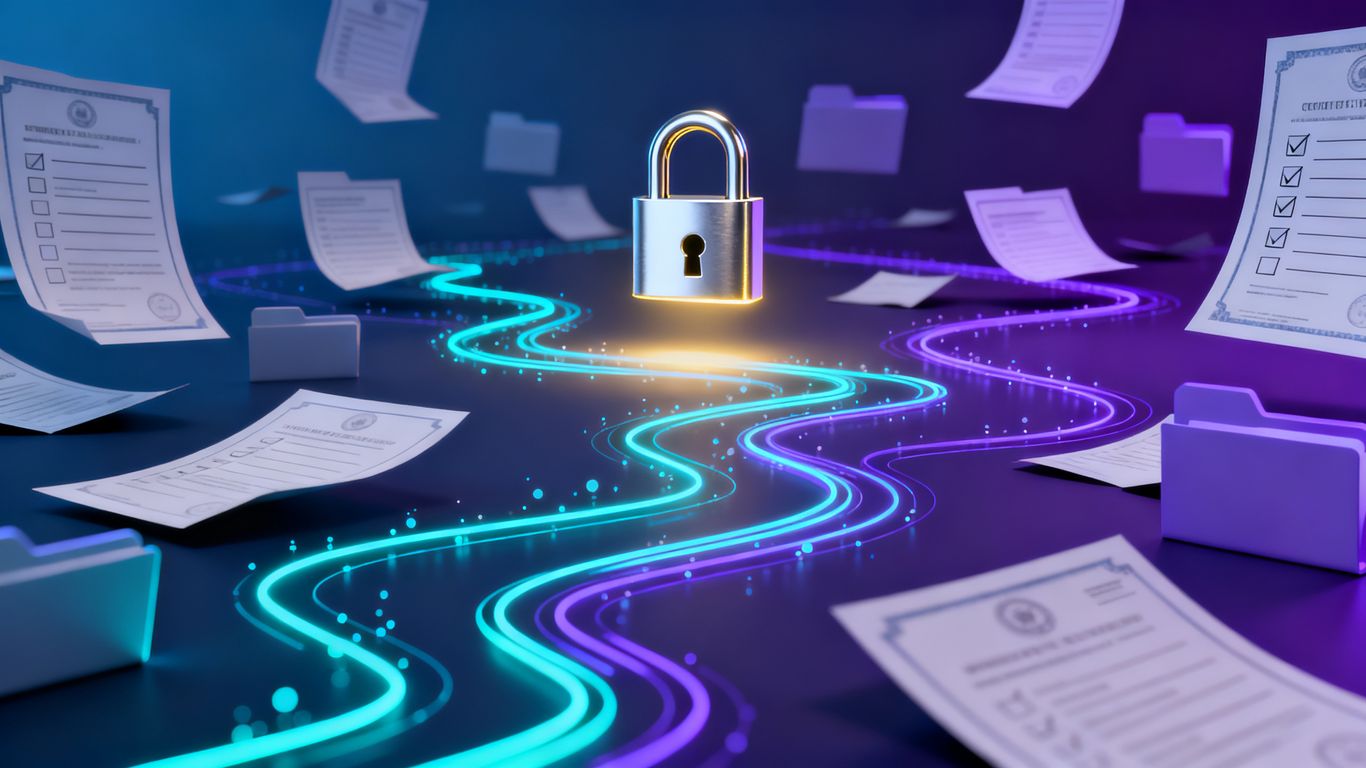 Digital maze with padlock, data security, compliance.