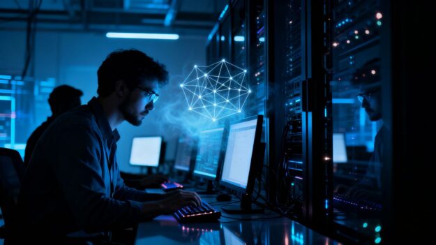 Security analysts monitoring glowing computer screens in a dark room.
